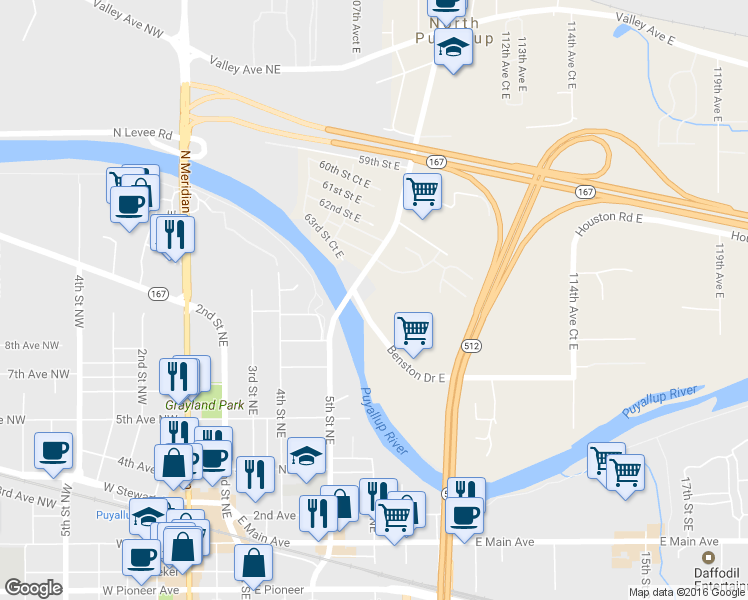 map of restaurants, bars, coffee shops, grocery stores, and more near 10805 Benston Drive East in Puyallup