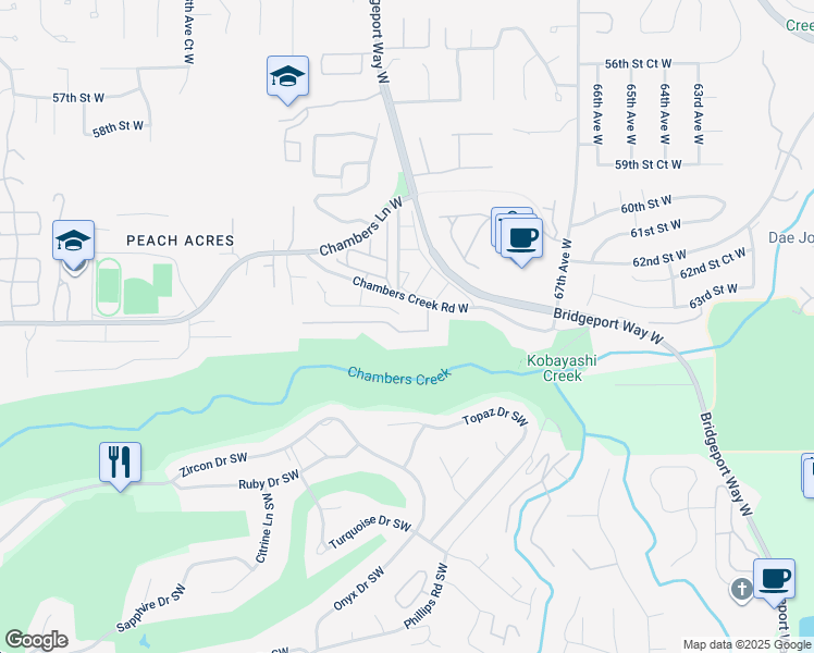 map of restaurants, bars, coffee shops, grocery stores, and more near 7115 64th Street Court West in University Place