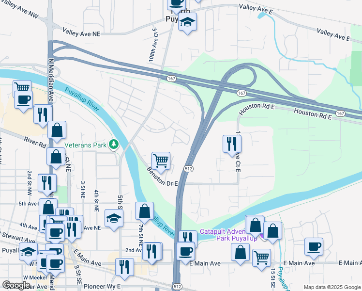 map of restaurants, bars, coffee shops, grocery stores, and more near 6305 111th Avenue East in Puyallup