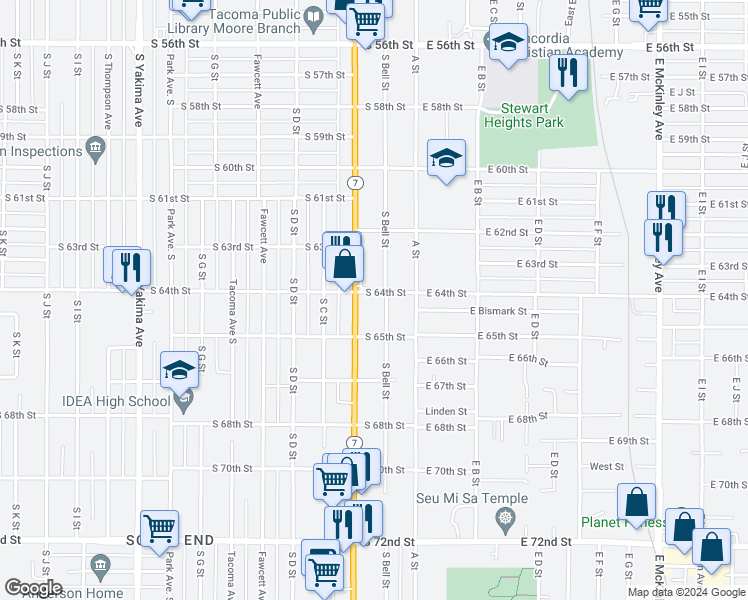 map of restaurants, bars, coffee shops, grocery stores, and more near 158 South 64th Street in Tacoma