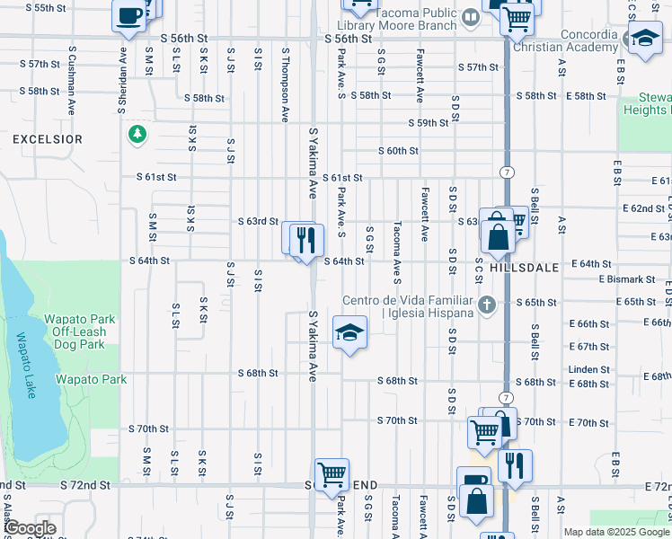 map of restaurants, bars, coffee shops, grocery stores, and more near 6406 South Park Avenue in Tacoma