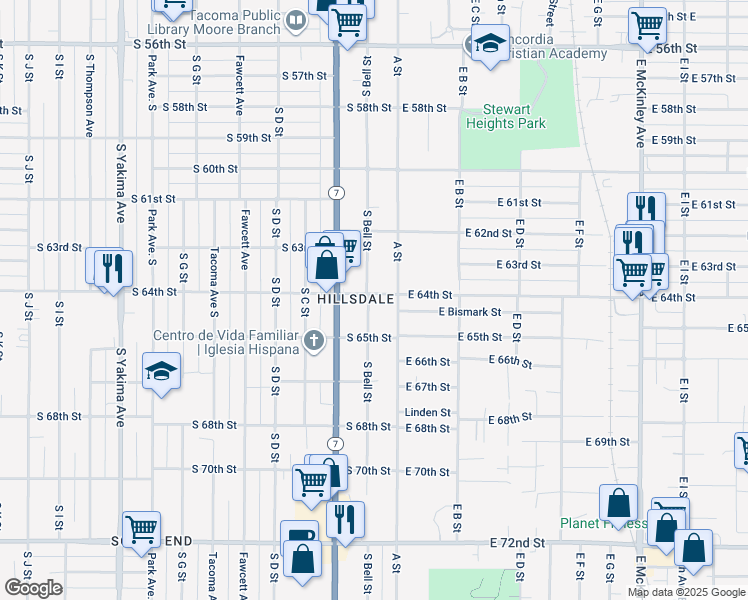 map of restaurants, bars, coffee shops, grocery stores, and more near 158 South 64th Street in Tacoma