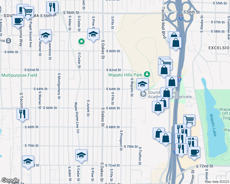 map of restaurants, bars, coffee shops, grocery stores, and more near 6405 South Fife Street in Tacoma