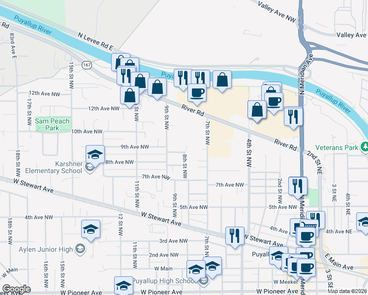 map of restaurants, bars, coffee shops, grocery stores, and more near 803 9th Avenue Northwest in Puyallup