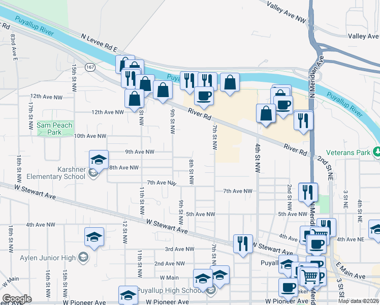 map of restaurants, bars, coffee shops, grocery stores, and more near 803 9th Avenue Northwest in Puyallup