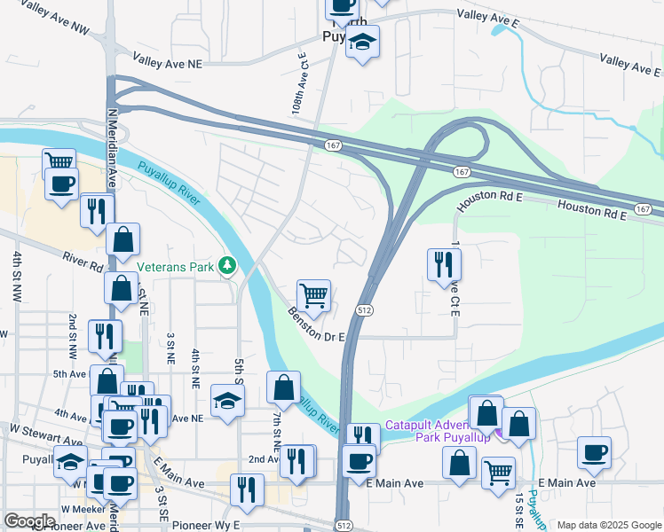 map of restaurants, bars, coffee shops, grocery stores, and more near 6316 111th Avenue East in Puyallup