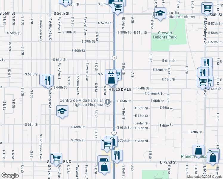 map of restaurants, bars, coffee shops, grocery stores, and more near 6332 Pacific Avenue in Tacoma