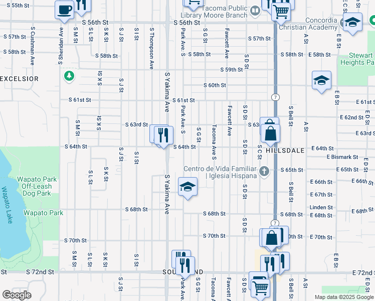 map of restaurants, bars, coffee shops, grocery stores, and more near 6406 South Park Avenue in Tacoma