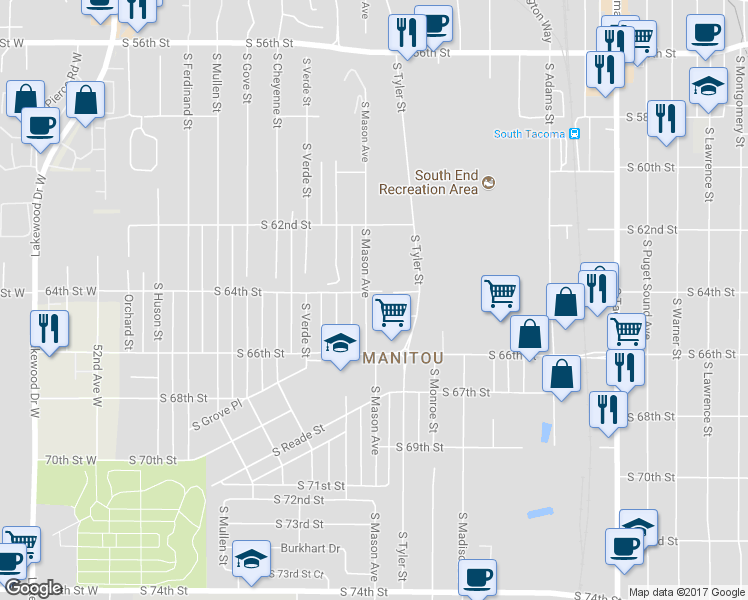 map of restaurants, bars, coffee shops, grocery stores, and more near 6401 South Mason Avenue in Tacoma