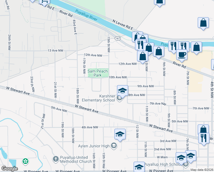 map of restaurants, bars, coffee shops, grocery stores, and more near 905 16th Street Northwest in Puyallup