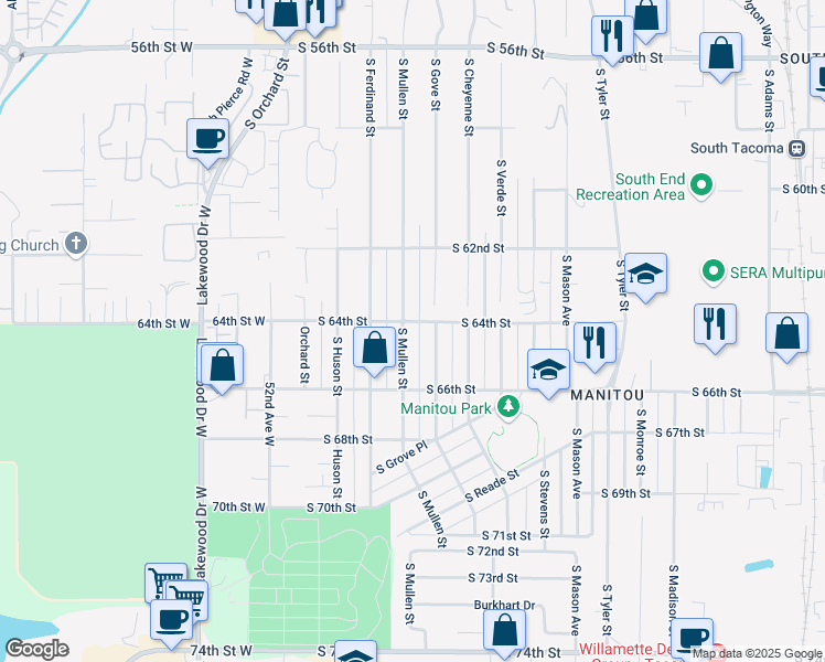 map of restaurants, bars, coffee shops, grocery stores, and more near 6407 South Mullen Street in Tacoma