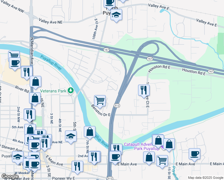 map of restaurants, bars, coffee shops, grocery stores, and more near 6305 111th Avenue East in Puyallup