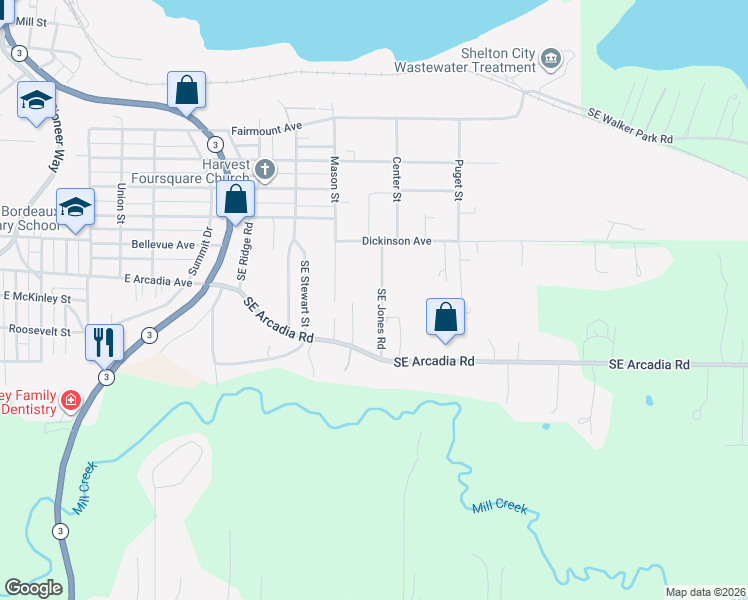 map of restaurants, bars, coffee shops, grocery stores, and more near 1785 Southeast Jones Road in Shelton