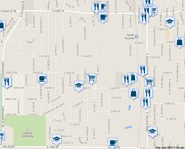 map of restaurants, bars, coffee shops, grocery stores, and more near 4210 South 64th Street in Tacoma