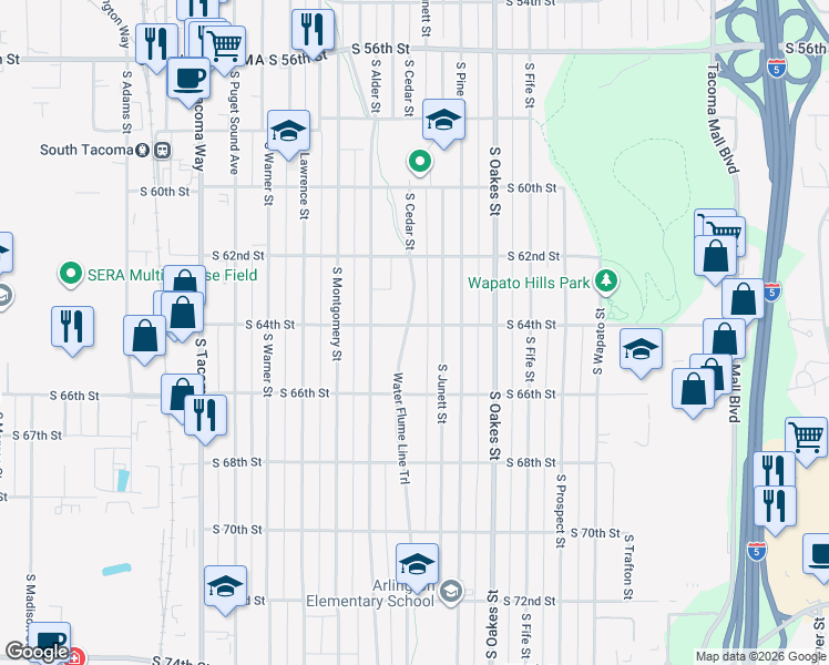 map of restaurants, bars, coffee shops, grocery stores, and more near 3006 South 64th Street in Tacoma