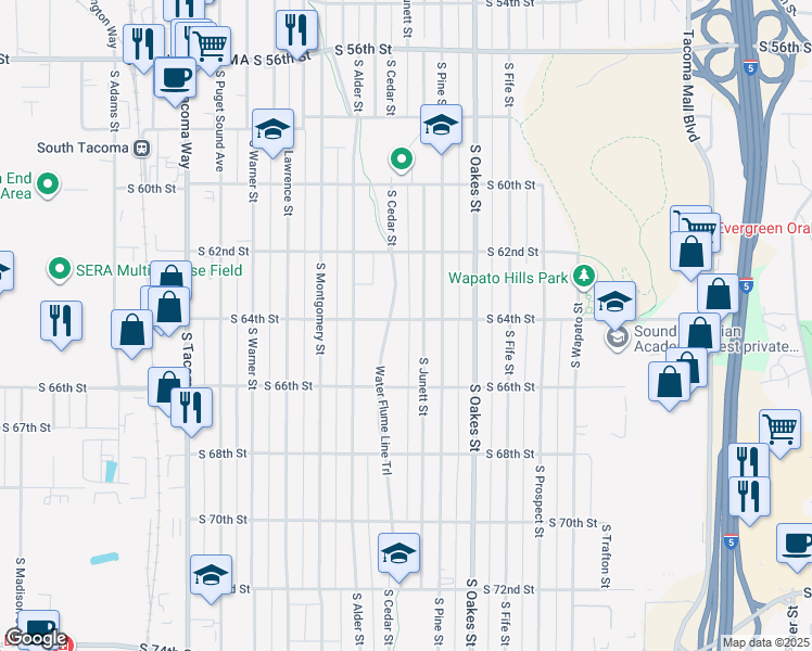 map of restaurants, bars, coffee shops, grocery stores, and more near 3006 South 64th Street in Tacoma