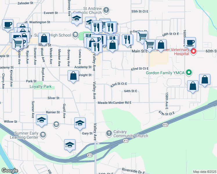map of restaurants, bars, coffee shops, grocery stores, and more near 15118 63rd Street Court East in Sumner