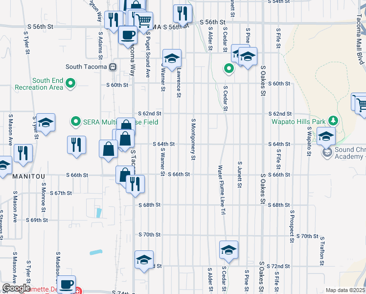 map of restaurants, bars, coffee shops, grocery stores, and more near 6403 South Lawrence Street in Tacoma