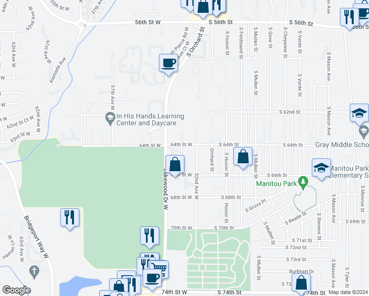 map of restaurants, bars, coffee shops, grocery stores, and more near 5220 64th Street West in University Place