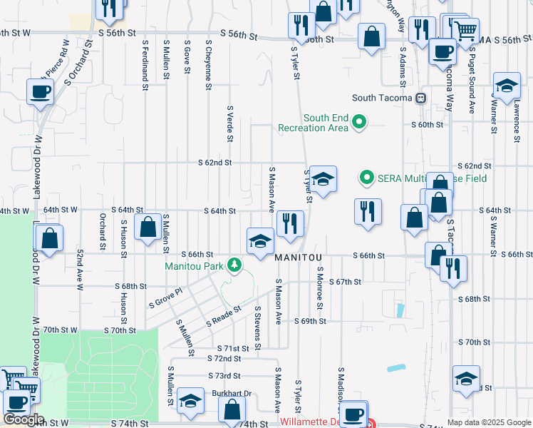 map of restaurants, bars, coffee shops, grocery stores, and more near 6401 South Mason Avenue in Tacoma