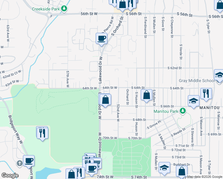map of restaurants, bars, coffee shops, grocery stores, and more near 5220 64th Street West in University Place