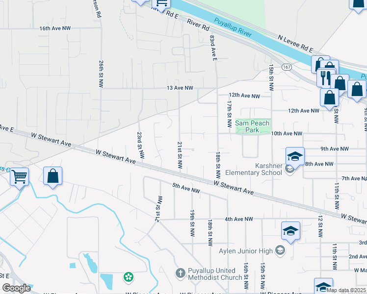 map of restaurants, bars, coffee shops, grocery stores, and more near 824 21st Street Northwest in Puyallup