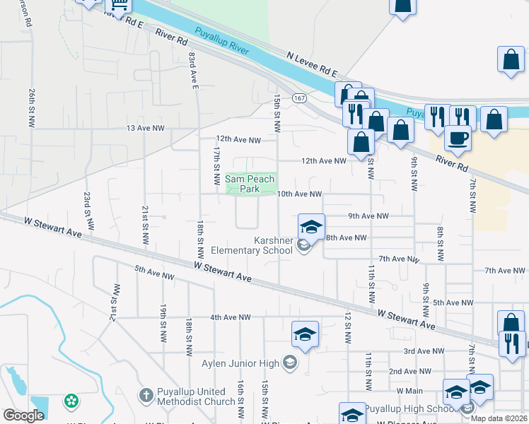 map of restaurants, bars, coffee shops, grocery stores, and more near 905 16th Street Northwest in Puyallup