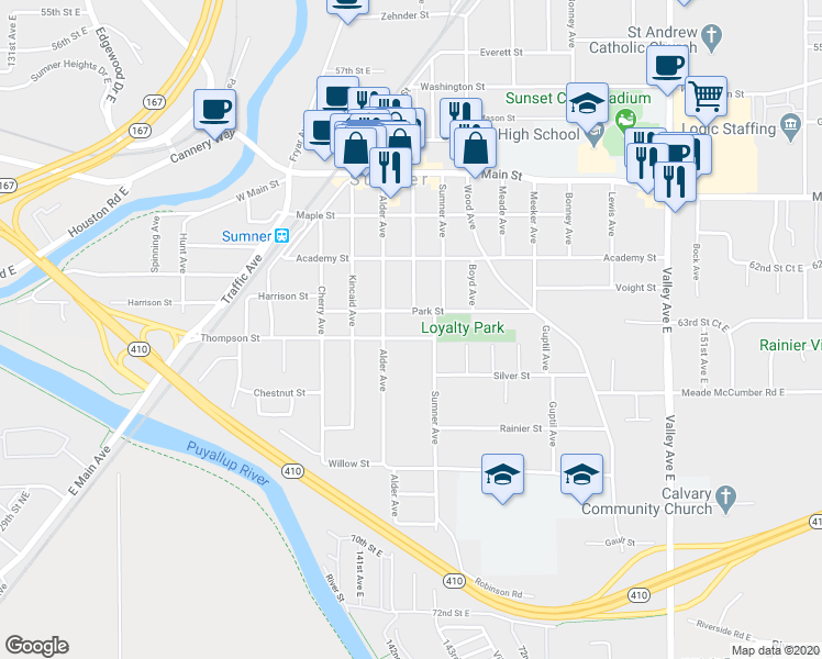 map of restaurants, bars, coffee shops, grocery stores, and more near 1115 Thompson Street in Sumner