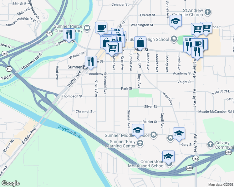 map of restaurants, bars, coffee shops, grocery stores, and more near 1115 Thompson Street in Sumner