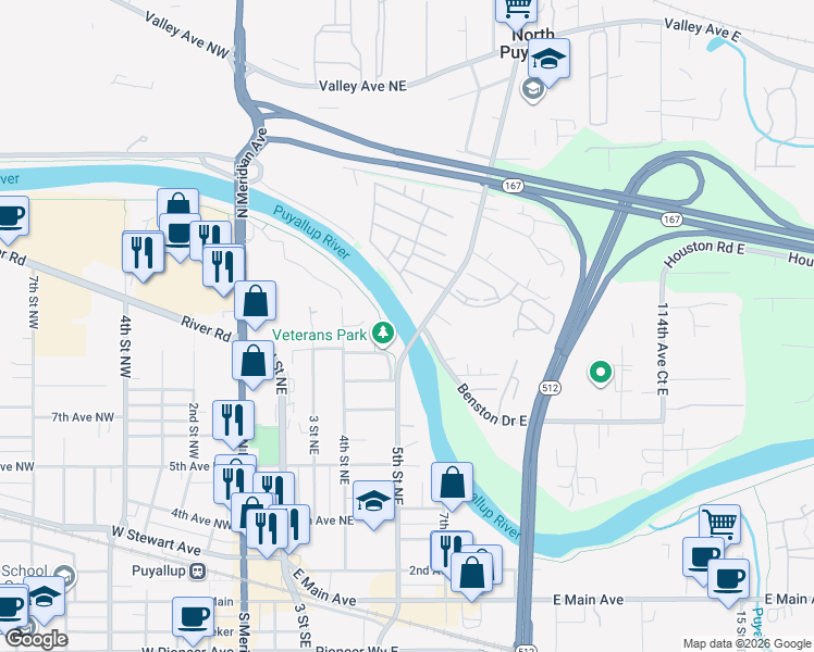 map of restaurants, bars, coffee shops, grocery stores, and more near 27th Street Court East in Edgewood