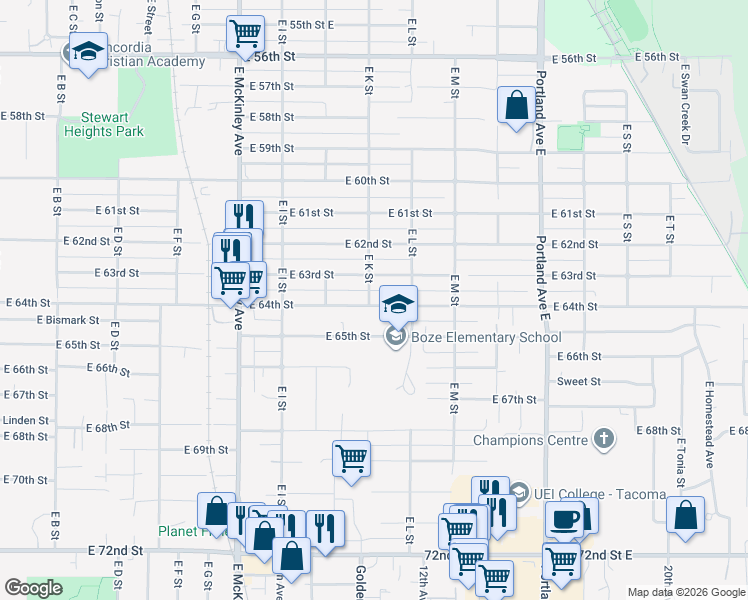 map of restaurants, bars, coffee shops, grocery stores, and more near 1103 East 64th Street in Tacoma