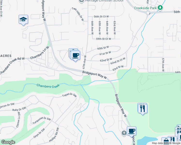 map of restaurants, bars, coffee shops, grocery stores, and more near 6428 Chambers Creek Road West in Tacoma