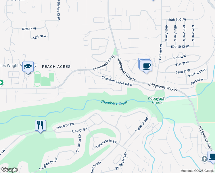 map of restaurants, bars, coffee shops, grocery stores, and more near 7302 64th Street Court West in University Place