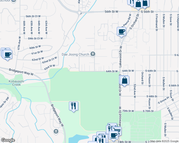 map of restaurants, bars, coffee shops, grocery stores, and more near 5715 64th Street West in University Place