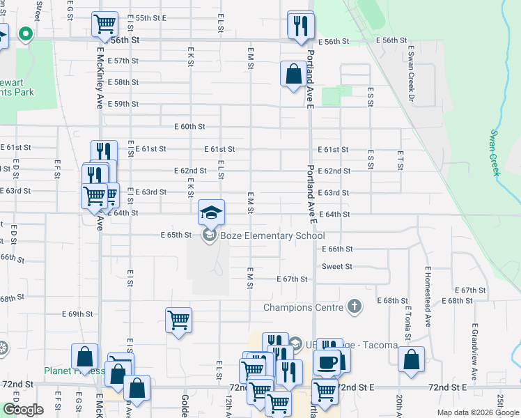 map of restaurants, bars, coffee shops, grocery stores, and more near 1320 East 64th Street in Tacoma
