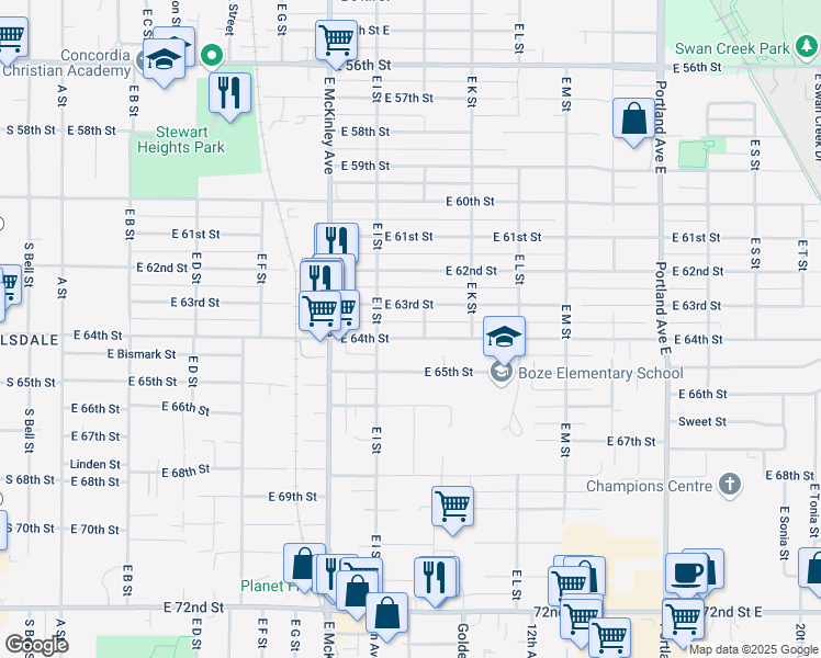 map of restaurants, bars, coffee shops, grocery stores, and more near 921 East 64th Street in Tacoma