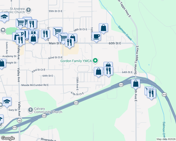 map of restaurants, bars, coffee shops, grocery stores, and more near 15871 64th Street East in Sumner