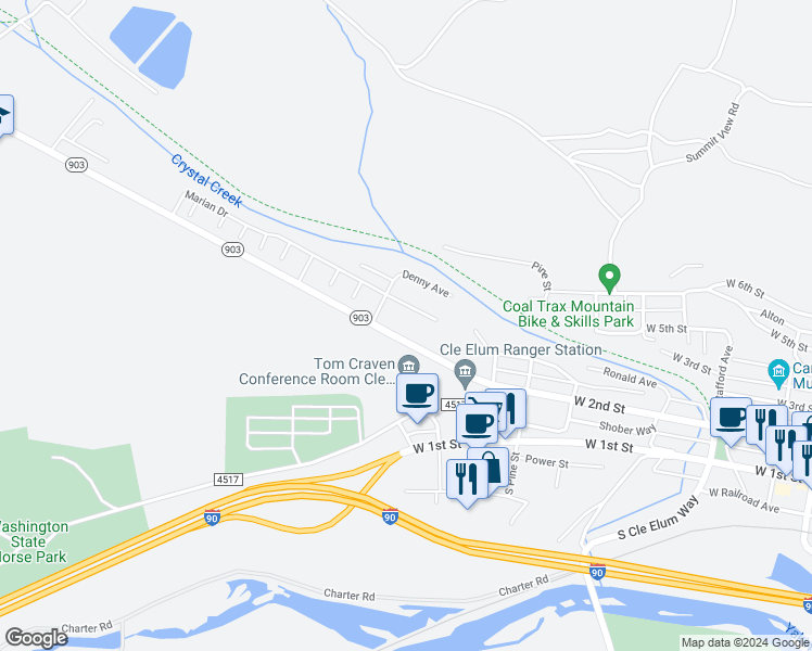 map of restaurants, bars, coffee shops, grocery stores, and more near 807 West 2nd Street in Cle Elum
