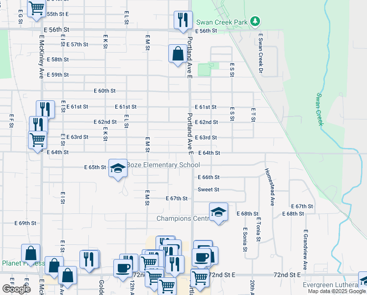 map of restaurants, bars, coffee shops, grocery stores, and more near 1423 East 64th Street in Tacoma