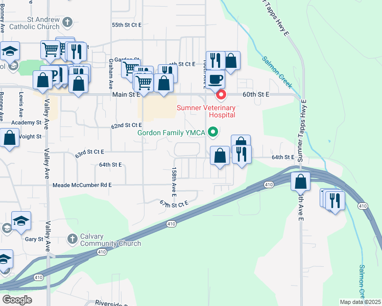 map of restaurants, bars, coffee shops, grocery stores, and more near 15831 64th Street East in Sumner