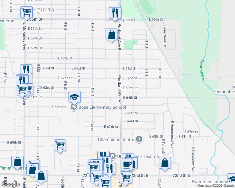 map of restaurants, bars, coffee shops, grocery stores, and more near 1429 East 64th Street in Tacoma
