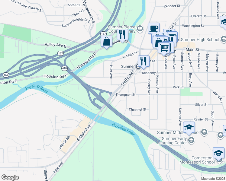 map of restaurants, bars, coffee shops, grocery stores, and more near 603 Hunt Avenue in Sumner