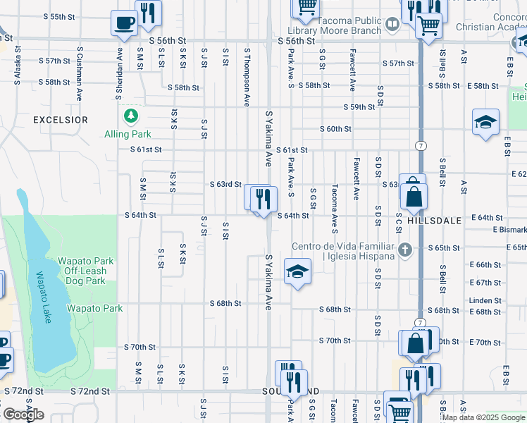 map of restaurants, bars, coffee shops, grocery stores, and more near 6324 South Yakima Avenue in Tacoma