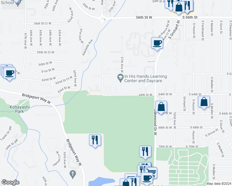 map of restaurants, bars, coffee shops, grocery stores, and more near 5713 64th Street West in University Place