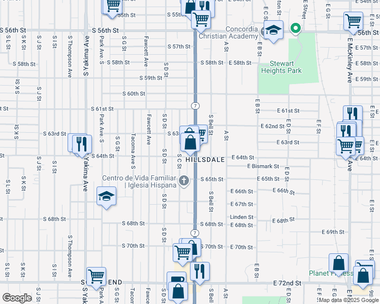 map of restaurants, bars, coffee shops, grocery stores, and more near 6332 Pacific Avenue in Tacoma