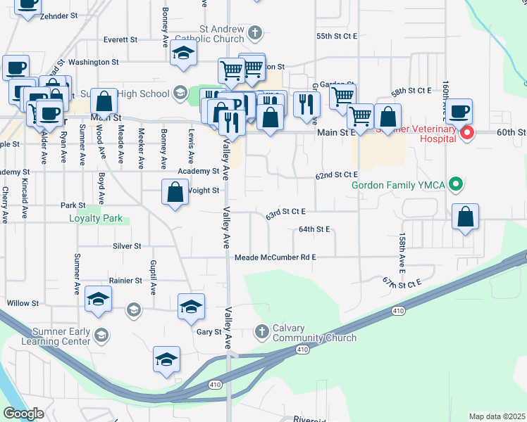 map of restaurants, bars, coffee shops, grocery stores, and more near 15118 63rd Street Court East in Sumner
