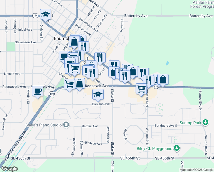 map of restaurants, bars, coffee shops, grocery stores, and more near 556 Roosevelt Avenue in Enumclaw