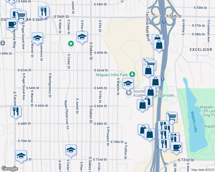 map of restaurants, bars, coffee shops, grocery stores, and more near 6405 South Fife Street in Tacoma