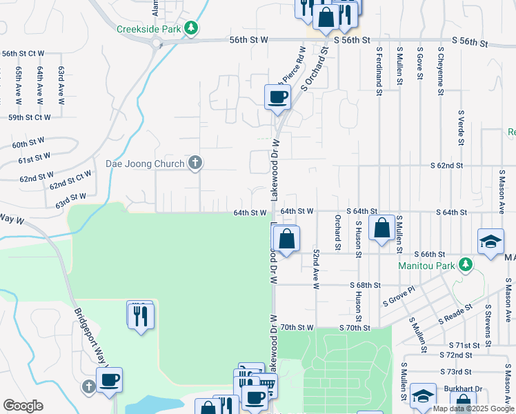 map of restaurants, bars, coffee shops, grocery stores, and more near 5417 64th Street West in University Place