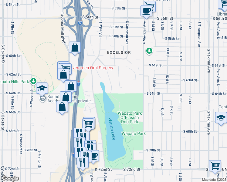 map of restaurants, bars, coffee shops, grocery stores, and more near 6241 South Wapato Lake Drive in Tacoma